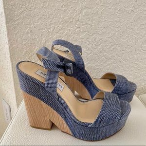 Jimmy Choo Navy Blue Nico Raffia Sandal Wedges
